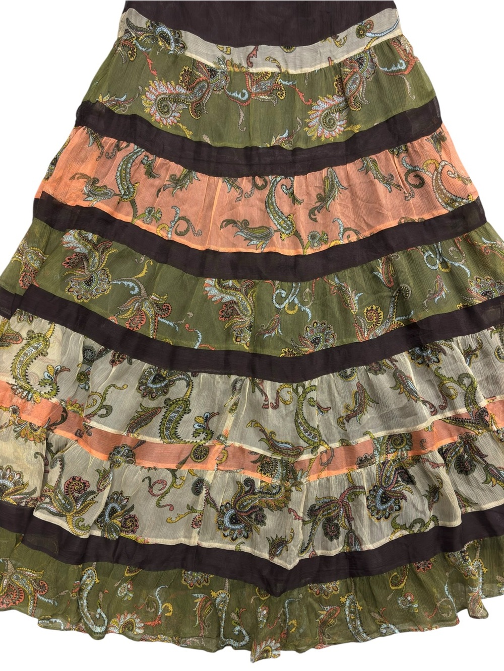 Laundry by Shelli Segal | Y2K 100% Silk Green Orange Floral Tiered Maxi Skirt - Picture 3 of 5